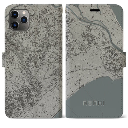 【旭（千葉県）】地図柄iPhoneケース（手帳タイプ）モノトーン・iPhone 11 Pro Max 用