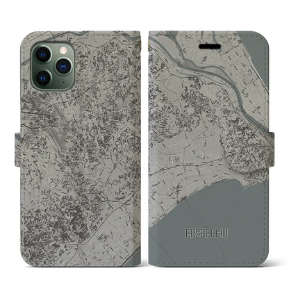 【旭（千葉県）】地図柄iPhoneケース（手帳タイプ）モノトーン・iPhone 11 Pro 用