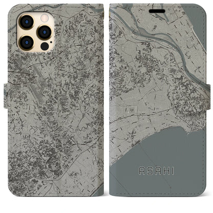 【旭（千葉県）】地図柄iPhoneケース（手帳タイプ）モノトーン・iPhone 12 Pro Max 用