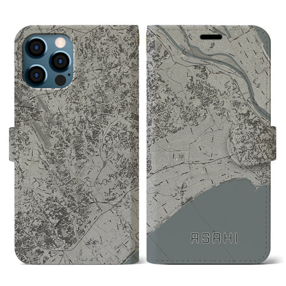 【旭（千葉県）】地図柄iPhoneケース（手帳タイプ）モノトーン・iPhone 12 / 12 Pro 用