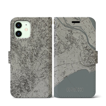 【旭（千葉県）】地図柄iPhoneケース（手帳タイプ）モノトーン・iPhone 12 mini 用