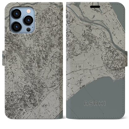【旭（千葉県）】地図柄iPhoneケース（手帳タイプ）モノトーン・iPhone 13 Pro Max 用
