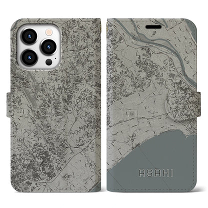 【旭（千葉県）】地図柄iPhoneケース（手帳タイプ）モノトーン・iPhone 13 Pro 用