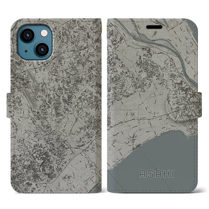 【旭（千葉県）】地図柄iPhoneケース（手帳タイプ）モノトーン・iPhone 13 用