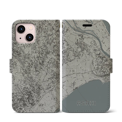 【旭（千葉県）】地図柄iPhoneケース（手帳タイプ）モノトーン・iPhone 13 mini 用
