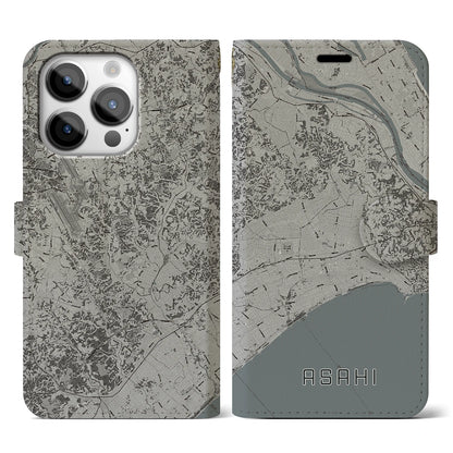 【旭（千葉県）】地図柄iPhoneケース（手帳タイプ）モノトーン・iPhone 14 Pro 用