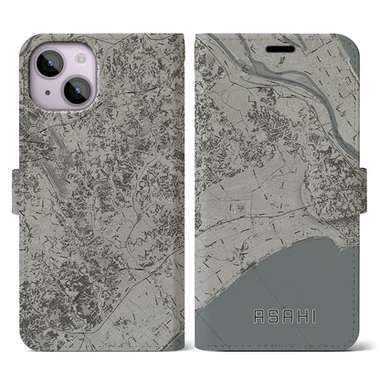 【旭（千葉県）】地図柄iPhoneケース（手帳タイプ）モノトーン・iPhone 14 用