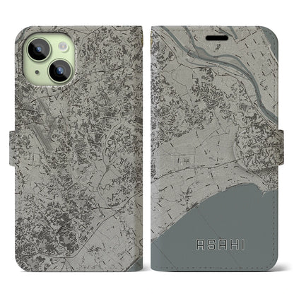 【旭（千葉県）】地図柄iPhoneケース（手帳タイプ）モノトーン・iPhone 15 用