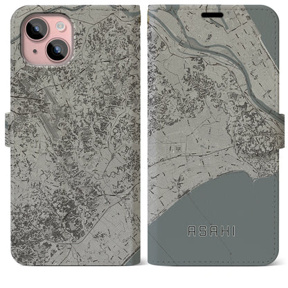 【旭（千葉県）】地図柄iPhoneケース（手帳タイプ）モノトーン・iPhone 15 Plus 用