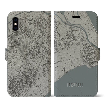 【旭（千葉県）】地図柄iPhoneケース（手帳タイプ）モノトーン・iPhone XS / X 用