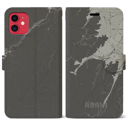 【朝日（長野県）】地図柄iPhoneケース（手帳タイプ）モノトーン・iPhone 11 用