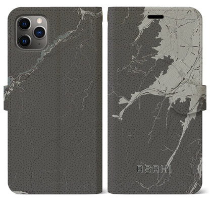 【朝日（長野県）】地図柄iPhoneケース（手帳タイプ）モノトーン・iPhone 11 Pro Max 用