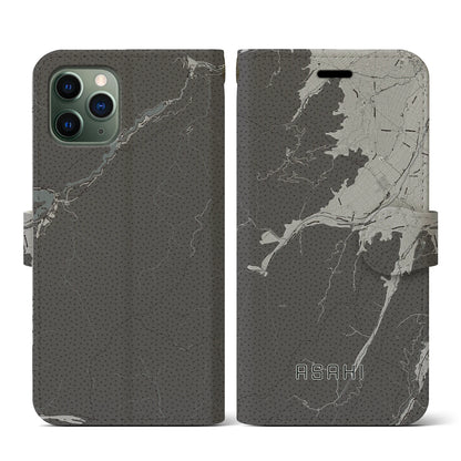 【朝日（長野県）】地図柄iPhoneケース（手帳タイプ）モノトーン・iPhone 11 Pro 用