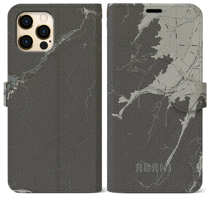 【朝日（長野県）】地図柄iPhoneケース（手帳タイプ）モノトーン・iPhone 12 Pro Max 用