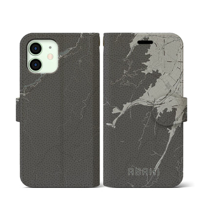 【朝日（長野県）】地図柄iPhoneケース（手帳タイプ）モノトーン・iPhone 12 mini 用