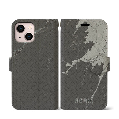 【朝日（長野県）】地図柄iPhoneケース（手帳タイプ）モノトーン・iPhone 13 mini 用