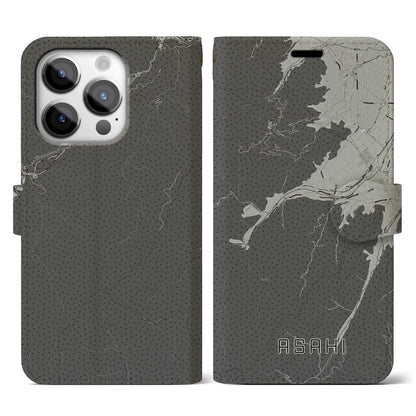 【朝日（長野県）】地図柄iPhoneケース（手帳タイプ）モノトーン・iPhone 14 Pro 用