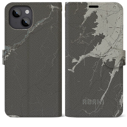 【朝日（長野県）】地図柄iPhoneケース（手帳タイプ）モノトーン・iPhone 14 Plus 用