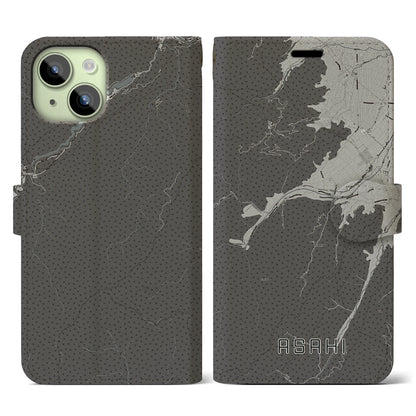 【朝日（長野県）】地図柄iPhoneケース（手帳タイプ）モノトーン・iPhone 15 用