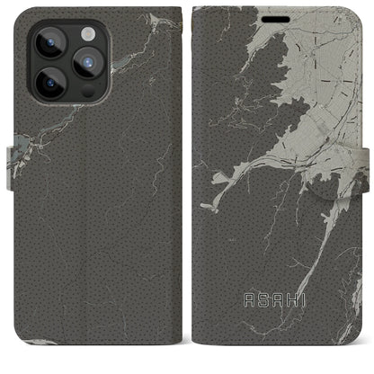 【朝日（長野県）】地図柄iPhoneケース（手帳タイプ）モノトーン・iPhone 15 Pro Max 用