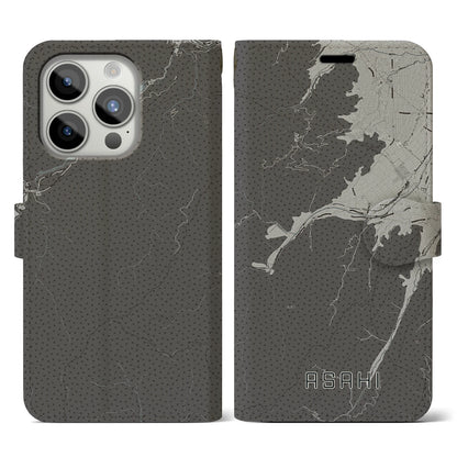 【朝日（長野県）】地図柄iPhoneケース（手帳タイプ）モノトーン・iPhone 15 Pro 用