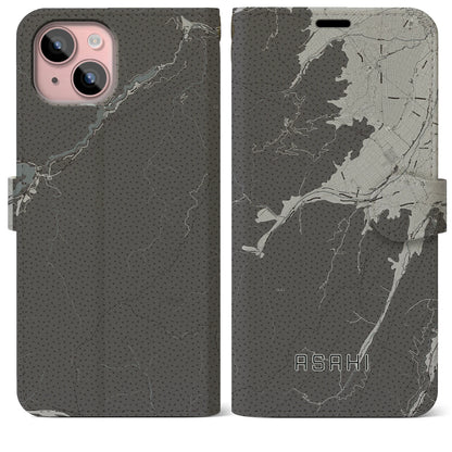 【朝日（長野県）】地図柄iPhoneケース（手帳タイプ）モノトーン・iPhone 15 Plus 用