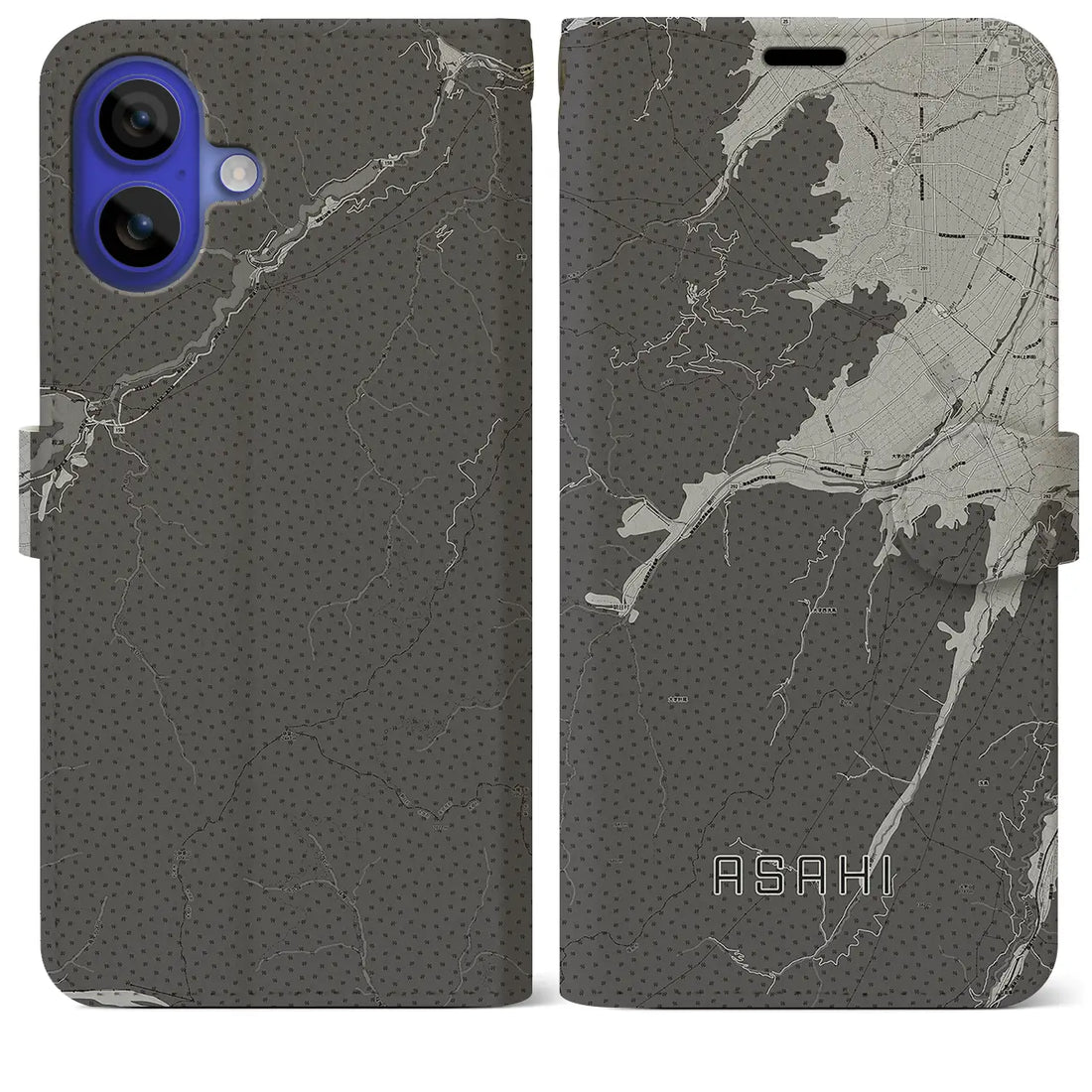 【朝日(長野県)】地図柄iPhoneケース(手帳タイプ)モノトーン・iPhone 16 Pro Max 用