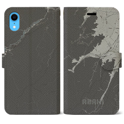 【朝日（長野県）】地図柄iPhoneケース（手帳タイプ）モノトーン・iPhone XR 用