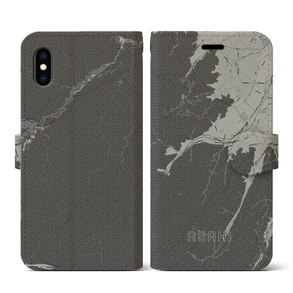 【朝日（長野県）】地図柄iPhoneケース（手帳タイプ）モノトーン・iPhone XS / X 用
