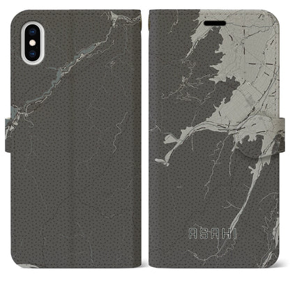 【朝日（長野県）】地図柄iPhoneケース（手帳タイプ）モノトーン・iPhone XS Max 用