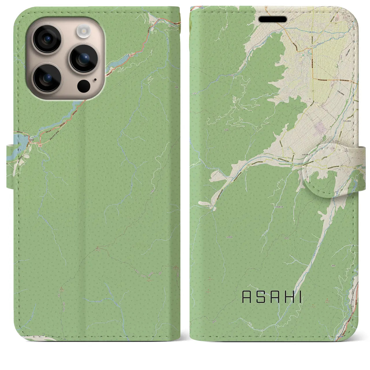 【朝日（長野県）】地図柄iPhoneケース（手帳タイプ）ナチュラル・iPhone 16 Plus 用