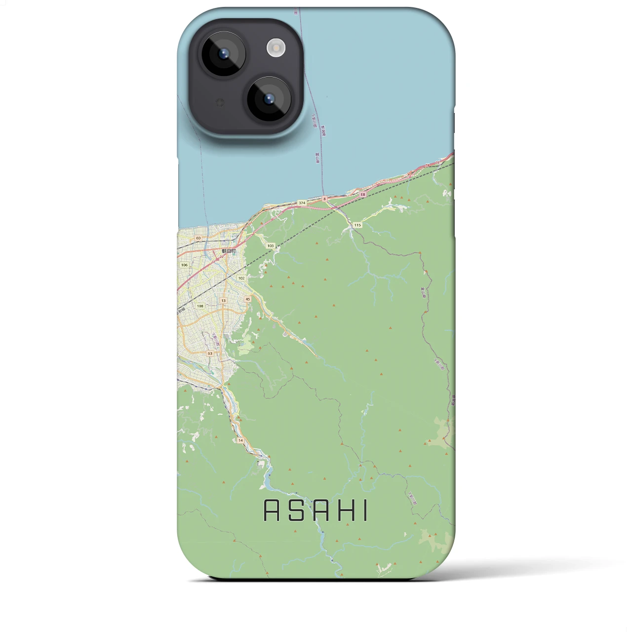 【朝日（富山県）】地図柄iPhoneケース（バックカバータイプ）ナチュラル・iPhone 14 Plus 用