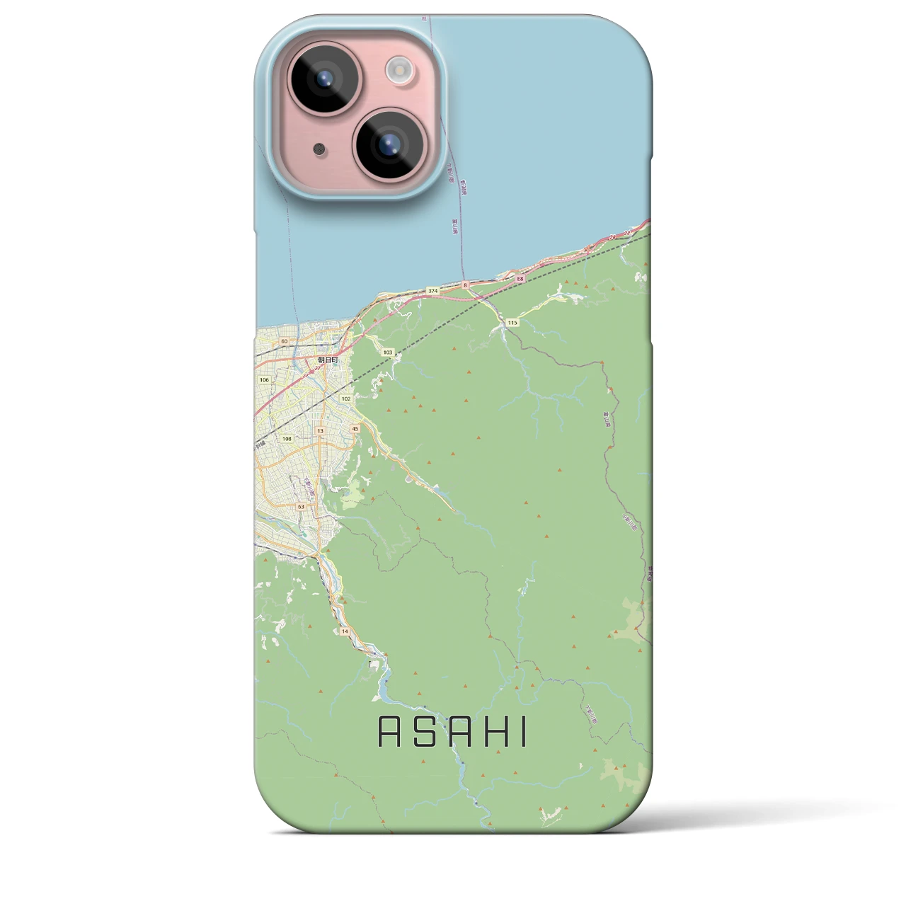 【朝日（富山県）】地図柄iPhoneケース（バックカバータイプ）ナチュラル・iPhone 15 Plus 用