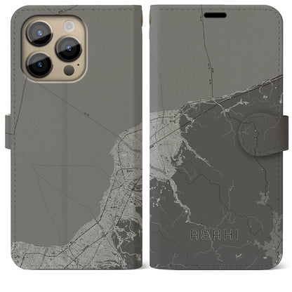 【朝日（富山県）】地図柄iPhoneケース（手帳タイプ）モノトーン・iPhone 14 Pro Max 用