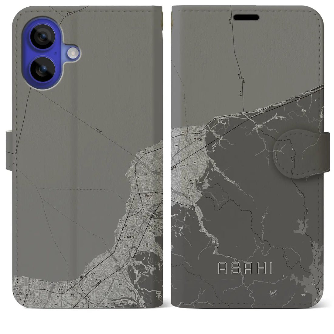 【朝日(富山県)】地図柄iPhoneケース(手帳タイプ)モノトーン・iPhone 16 Pro Max 用