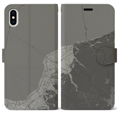 【朝日（富山県）】地図柄iPhoneケース（手帳タイプ）モノトーン・iPhone XS Max 用