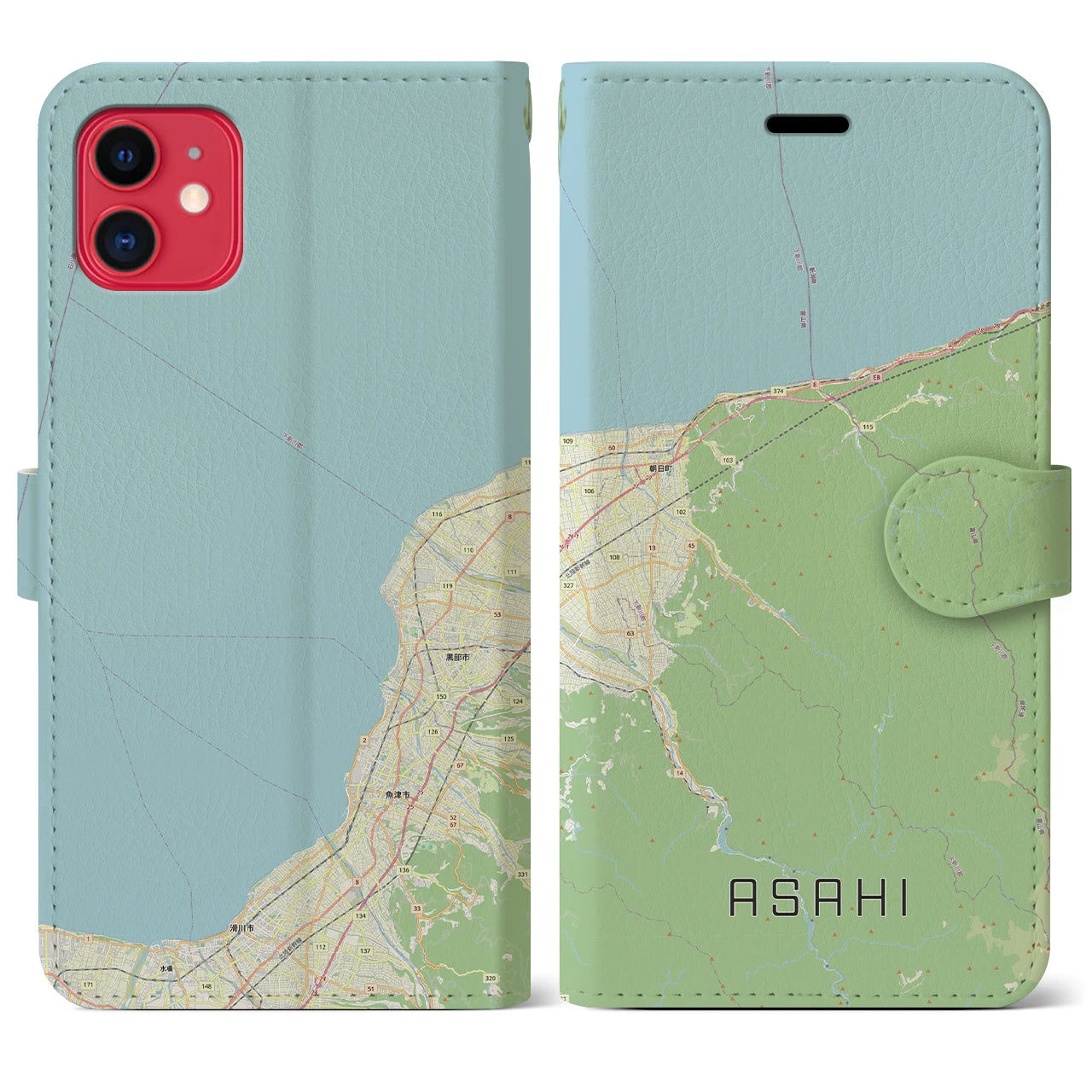 【朝日（富山県）】地図柄iPhoneケース（手帳タイプ）ナチュラル・iPhone 11 用