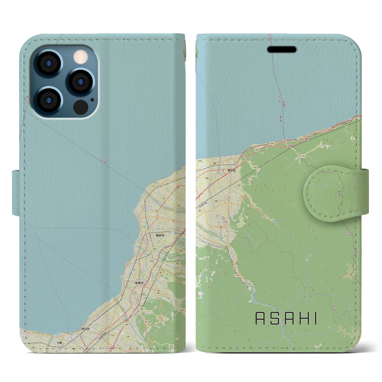 【朝日（富山県）】地図柄iPhoneケース（手帳タイプ）ナチュラル・iPhone 12 / 12 Pro 用