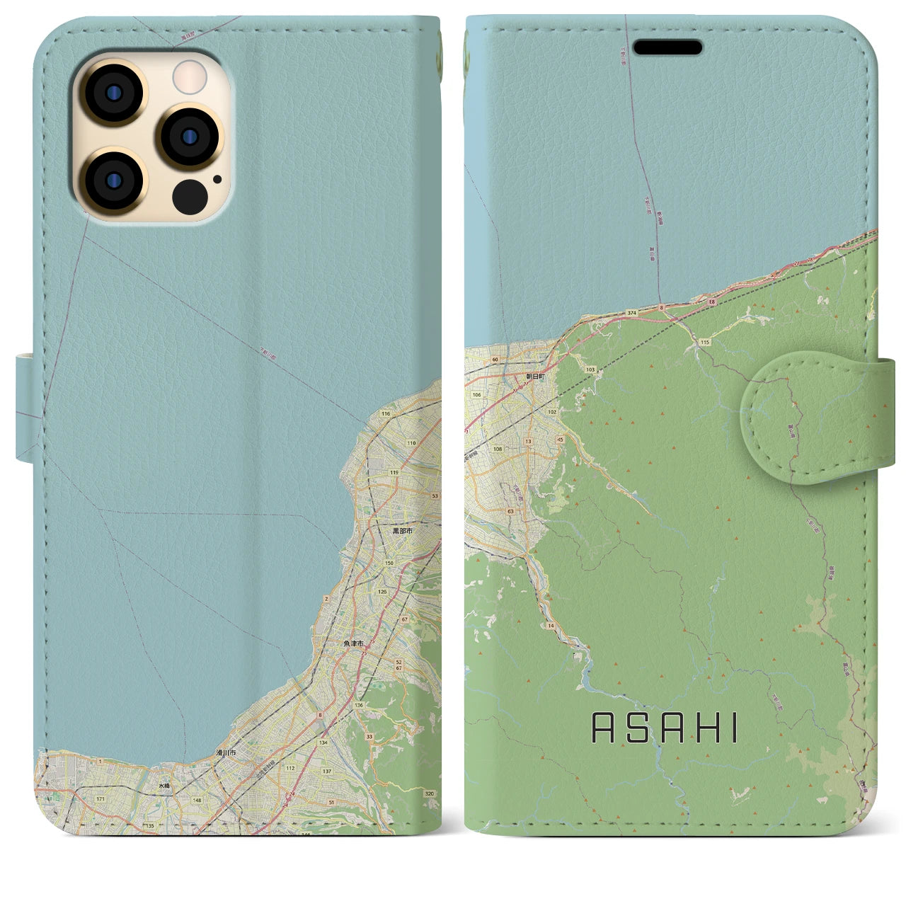 【朝日（富山県）】地図柄iPhoneケース（手帳タイプ）ナチュラル・iPhone 12 Pro Max 用