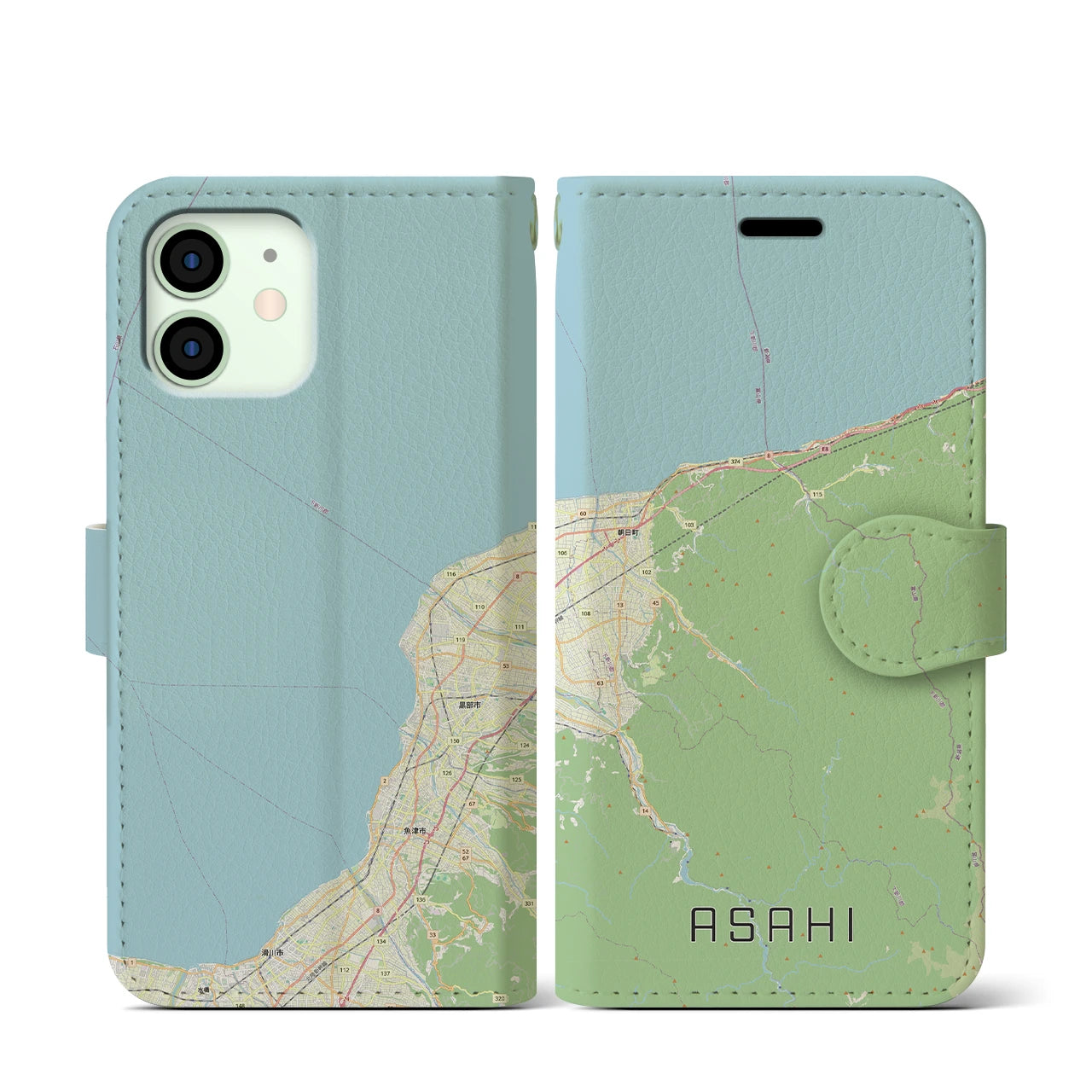 【朝日（富山県）】地図柄iPhoneケース（手帳タイプ）ナチュラル・iPhone 12 mini 用