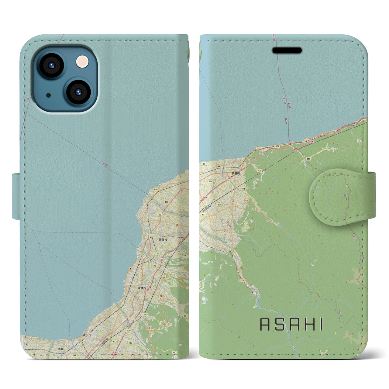 【朝日（富山県）】地図柄iPhoneケース（手帳タイプ）ナチュラル・iPhone 13 用