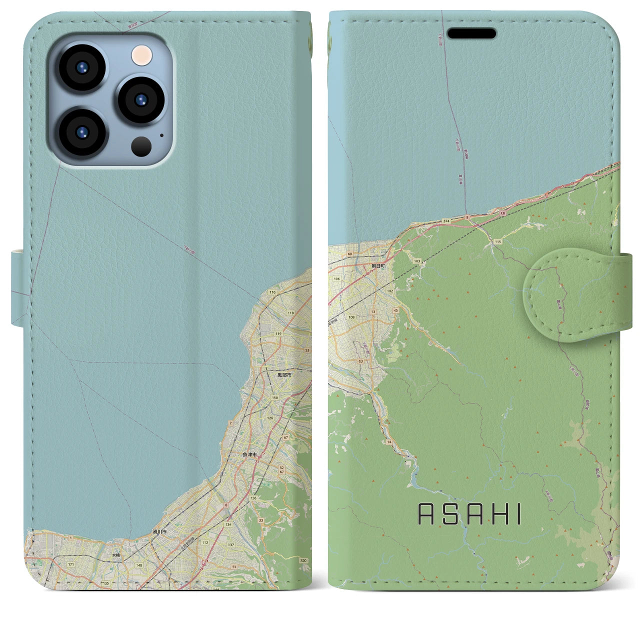 【朝日（富山県）】地図柄iPhoneケース（手帳タイプ）ナチュラル・iPhone 13 Pro Max 用