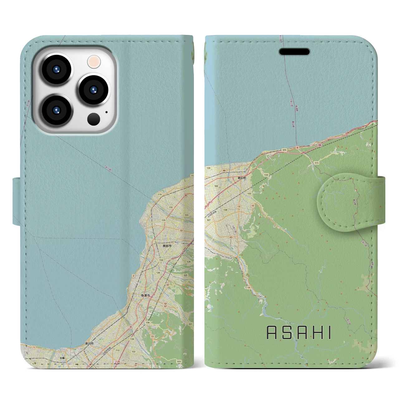 【朝日（富山県）】地図柄iPhoneケース（手帳タイプ）ナチュラル・iPhone 13 Pro 用