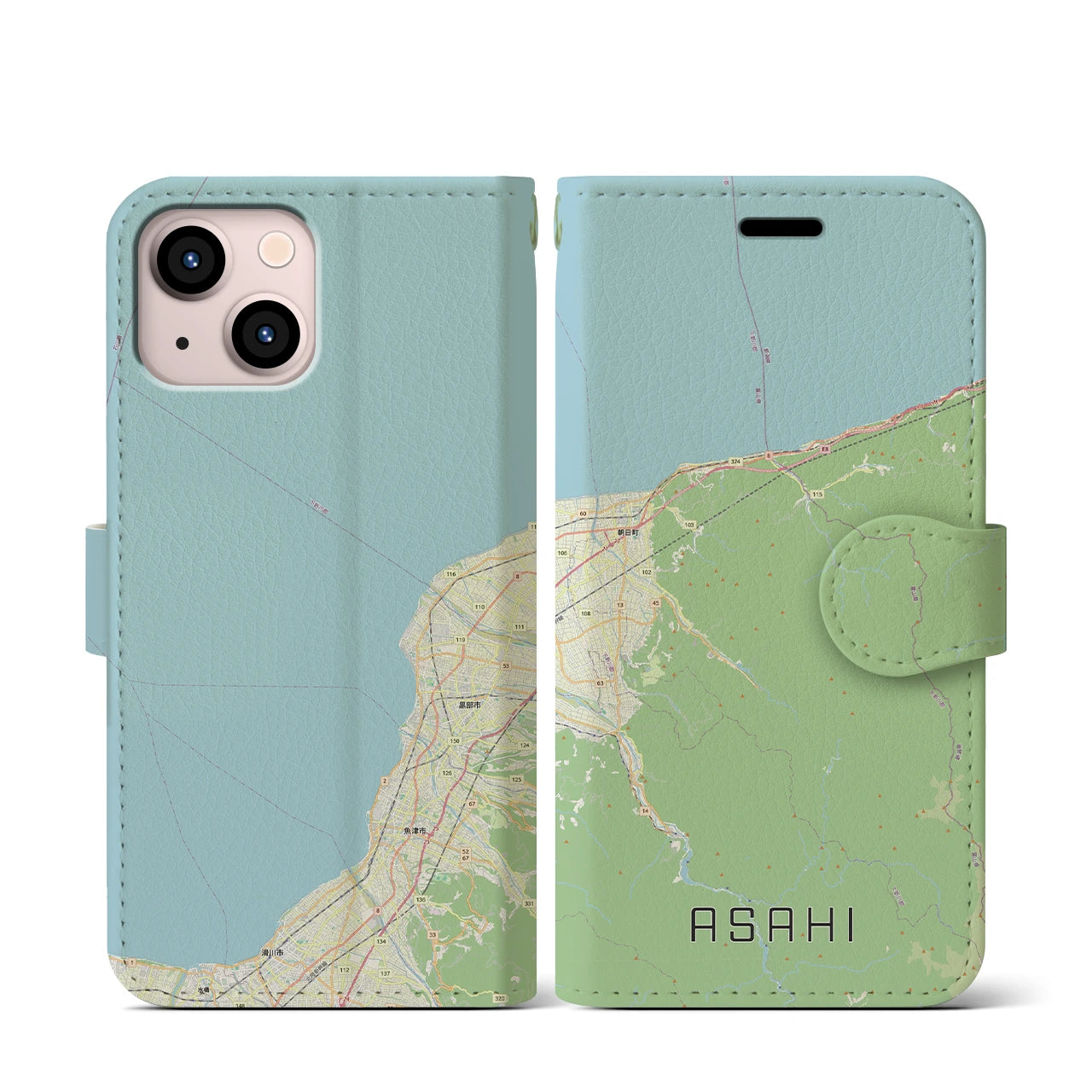 【朝日（富山県）】地図柄iPhoneケース（手帳タイプ）ナチュラル・iPhone 13 mini 用