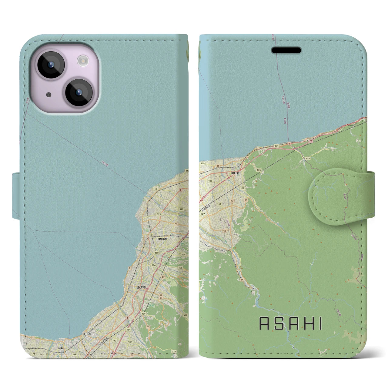 【朝日（富山県）】地図柄iPhoneケース（手帳タイプ）ナチュラル・iPhone 14 用