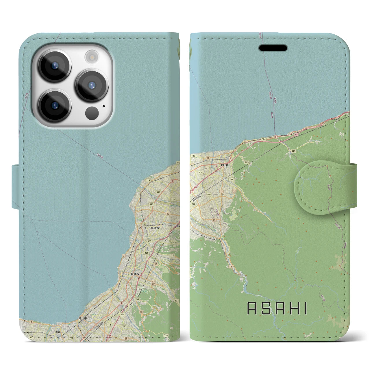 【朝日（富山県）】地図柄iPhoneケース（手帳タイプ）ナチュラル・iPhone 14 Pro 用