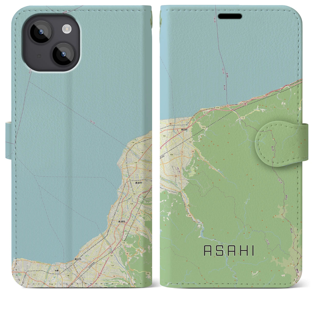 【朝日（富山県）】地図柄iPhoneケース（手帳タイプ）ナチュラル・iPhone 14 Plus 用