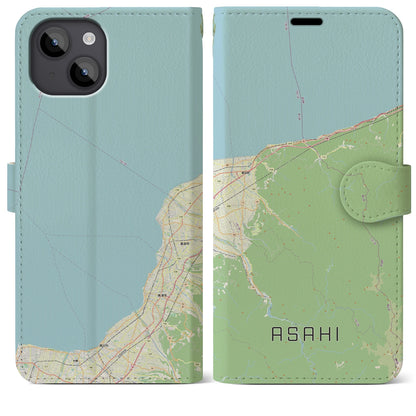 【朝日（富山県）】地図柄iPhoneケース（手帳タイプ）ナチュラル・iPhone 14 Plus 用