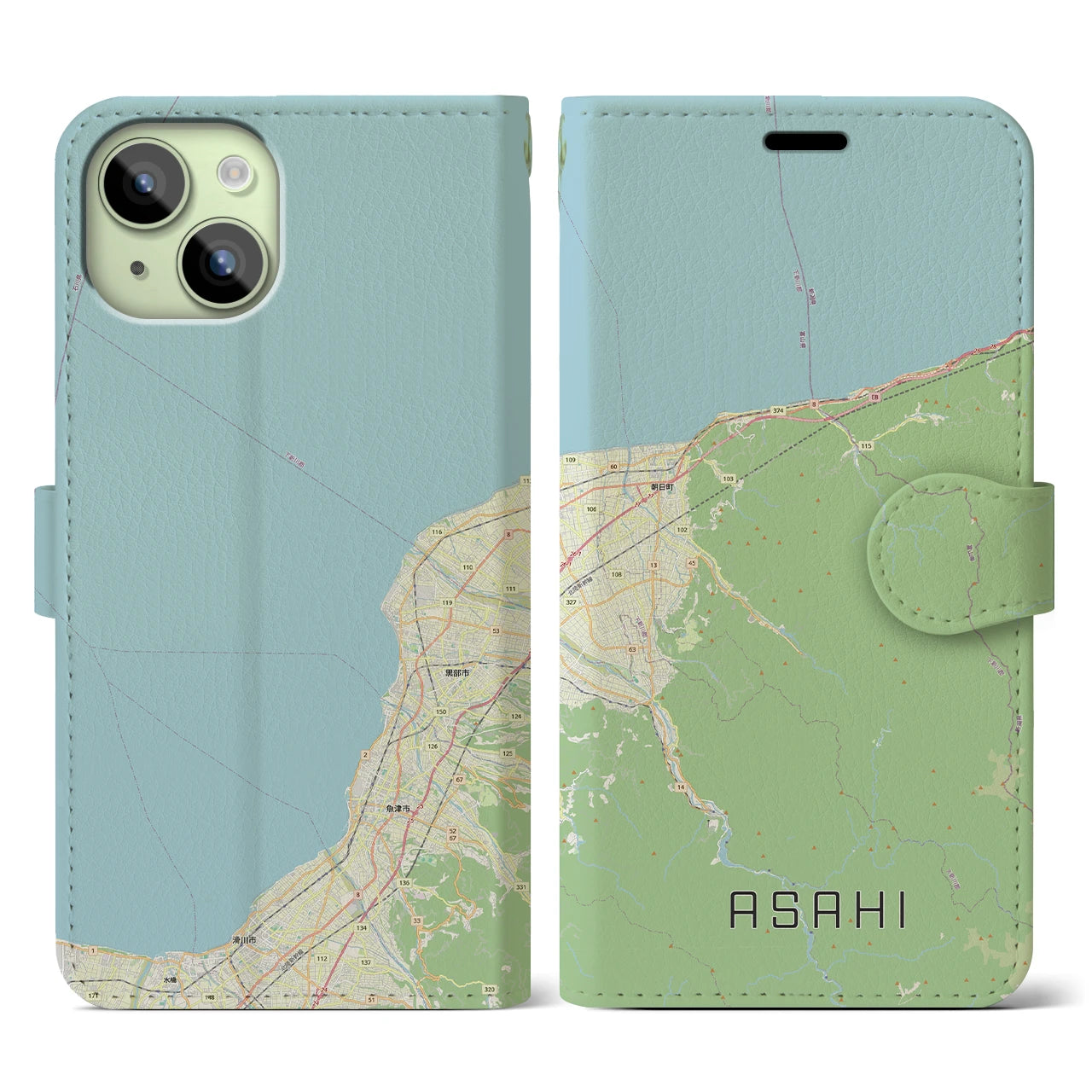 【朝日（富山県）】地図柄iPhoneケース（手帳タイプ）ナチュラル・iPhone 15 用