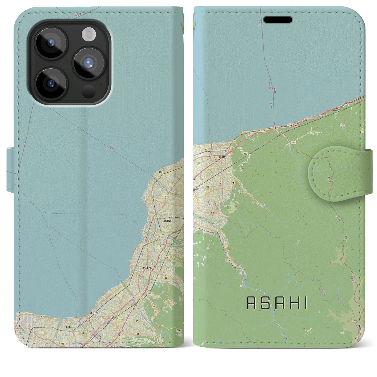 【朝日（富山県）】地図柄iPhoneケース（手帳タイプ）ナチュラル・iPhone 15 Pro Max 用